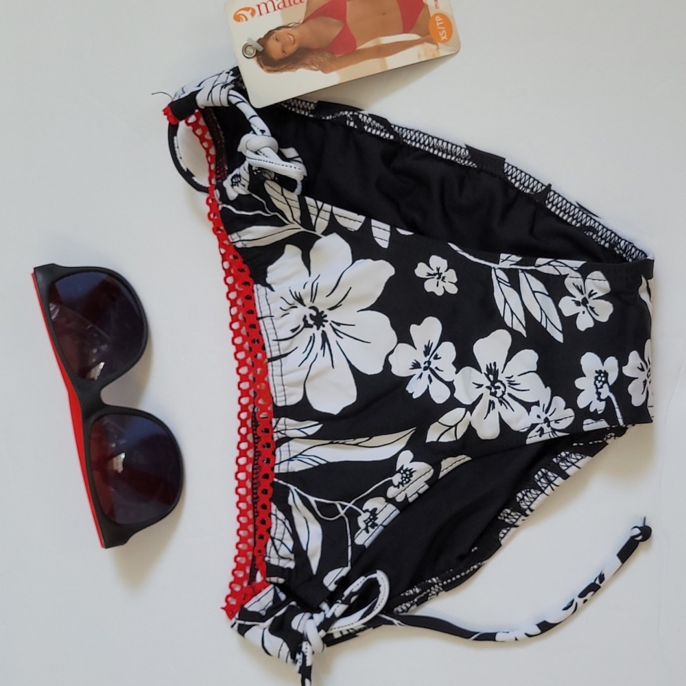 Maia Black White Floral Adjustable Loop Ties Swimsuit Separates Bottom XS 4/25
